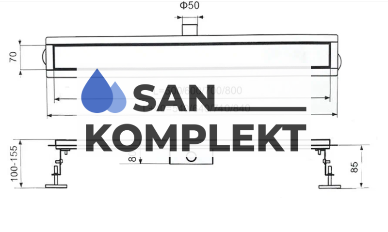 Душевой лоток 70*600 mm с решеткой цвет вороненая сталь TIM BAD476002GY